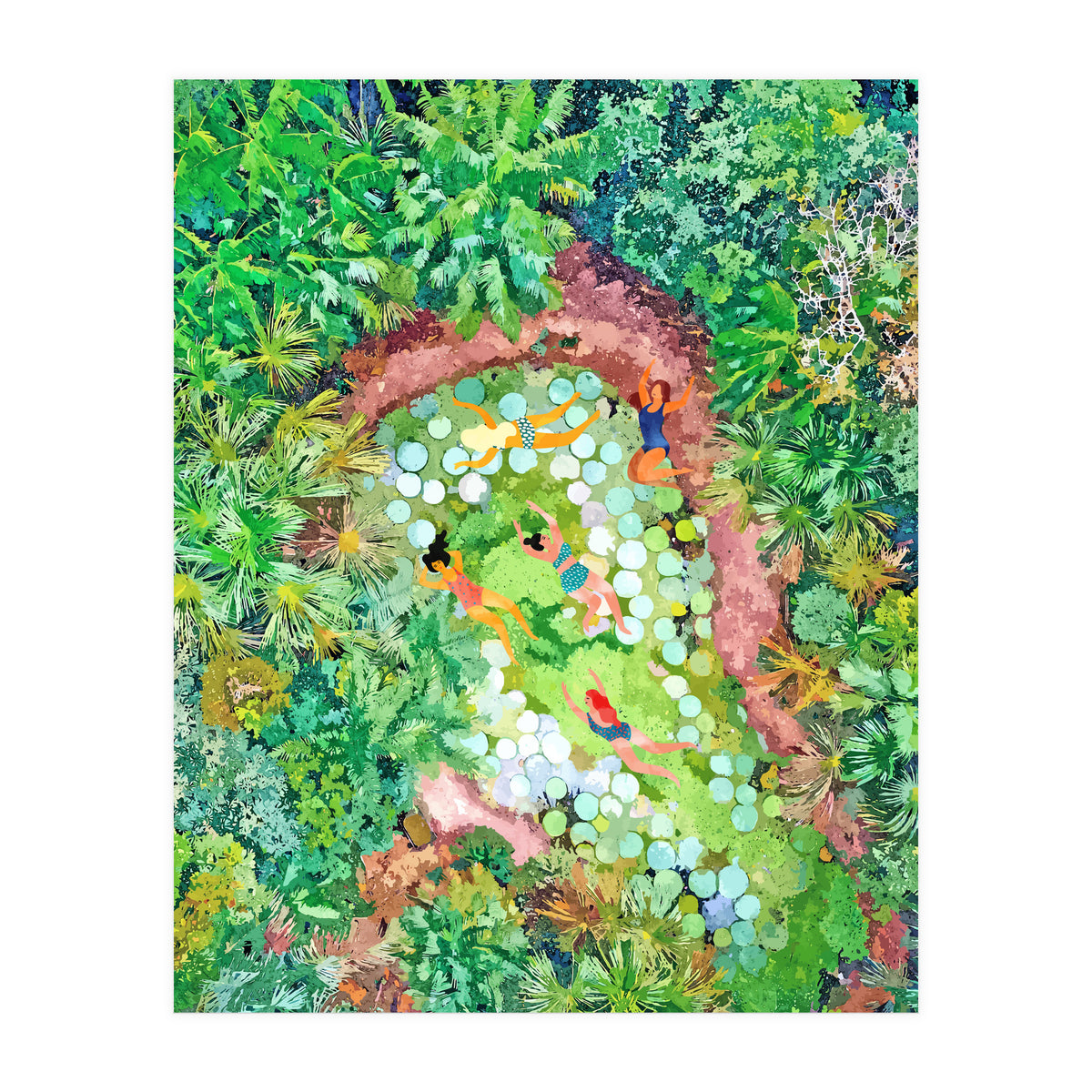 Tropical Vacay | Rainforest Jungle Botanical Lush Nature | Summer Lake People Swim | Boho Painting (Print Only)