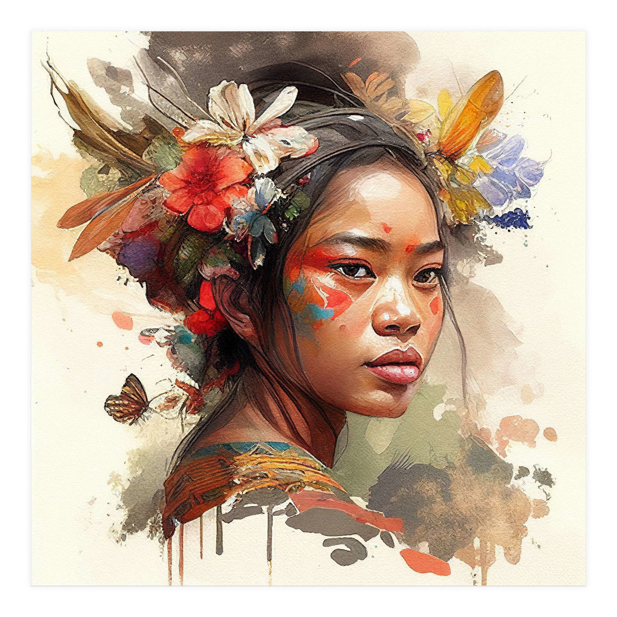 Watercolor Floral Indonesian Native Woman #3 (Print Only)