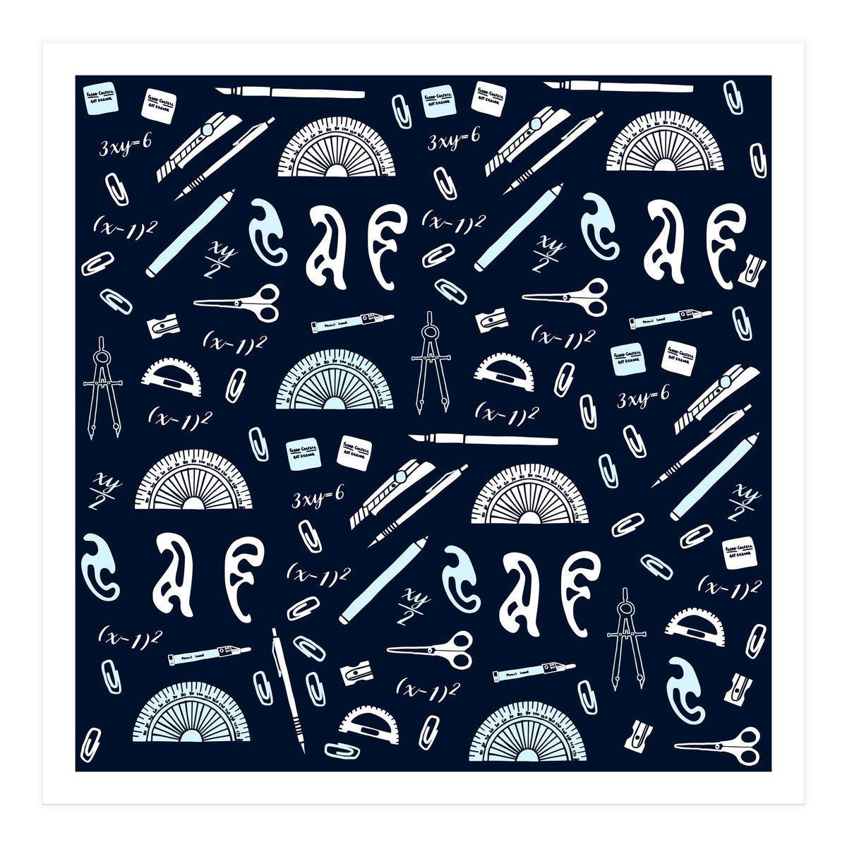 Mathematics and Geometry Pattern with protractors, mechanical pencils and erasers (Print Only)