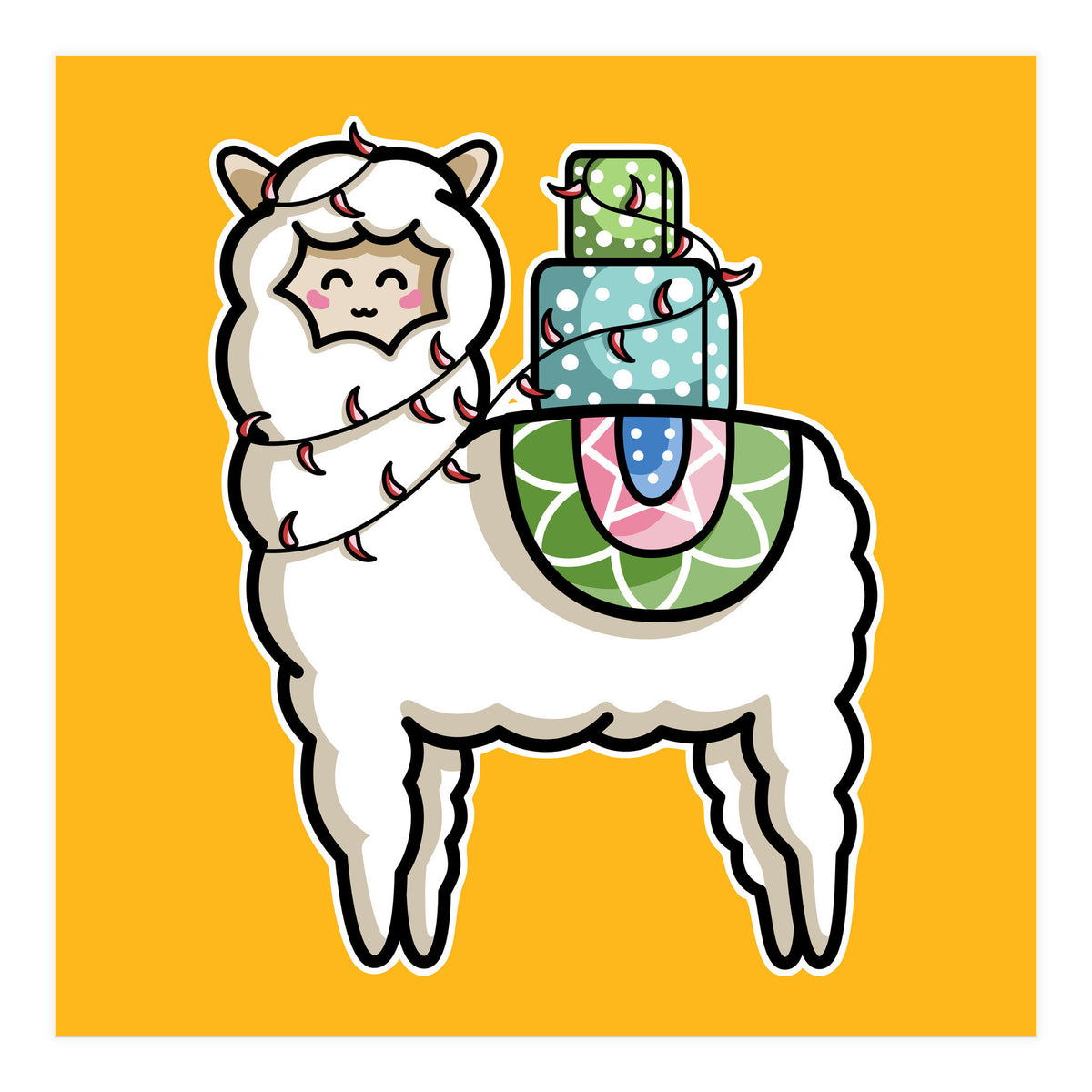 Kawaii Cute Gift Carrying Llama (Print Only)