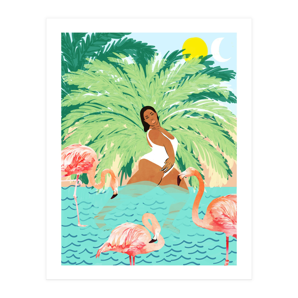 Tropical Summer Water Yoga with Palm & Flamingos | Woman of Color Black Woman Body Positivity (Print Only)