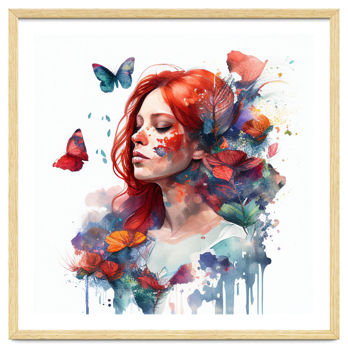 Watercolor Floral Red Hair Woman #2