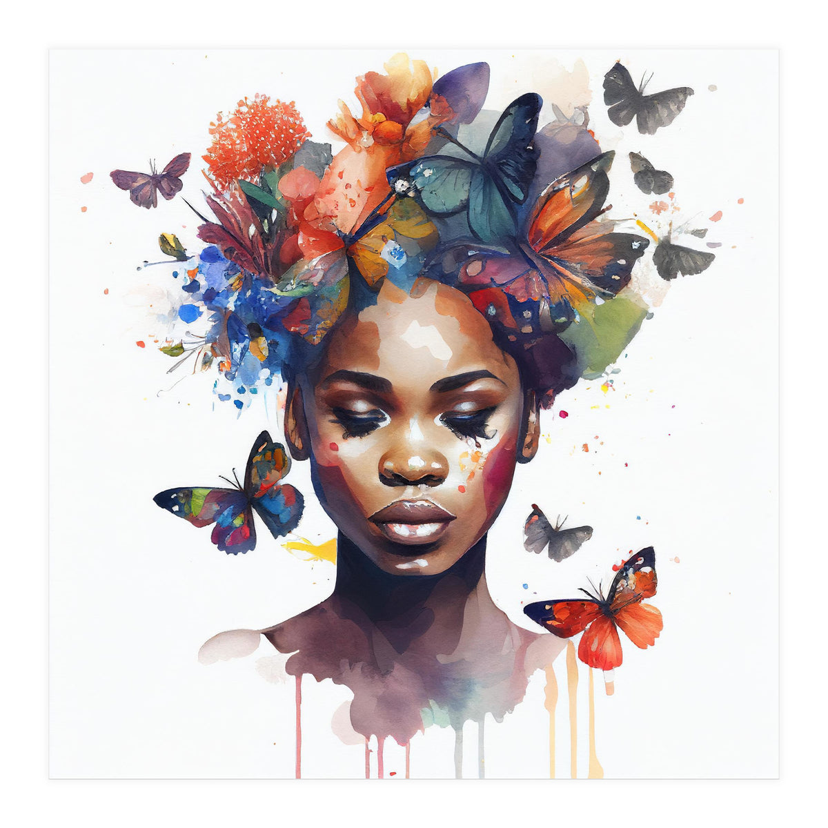 Watercolor Butterfly African Woman #4 (Print Only)