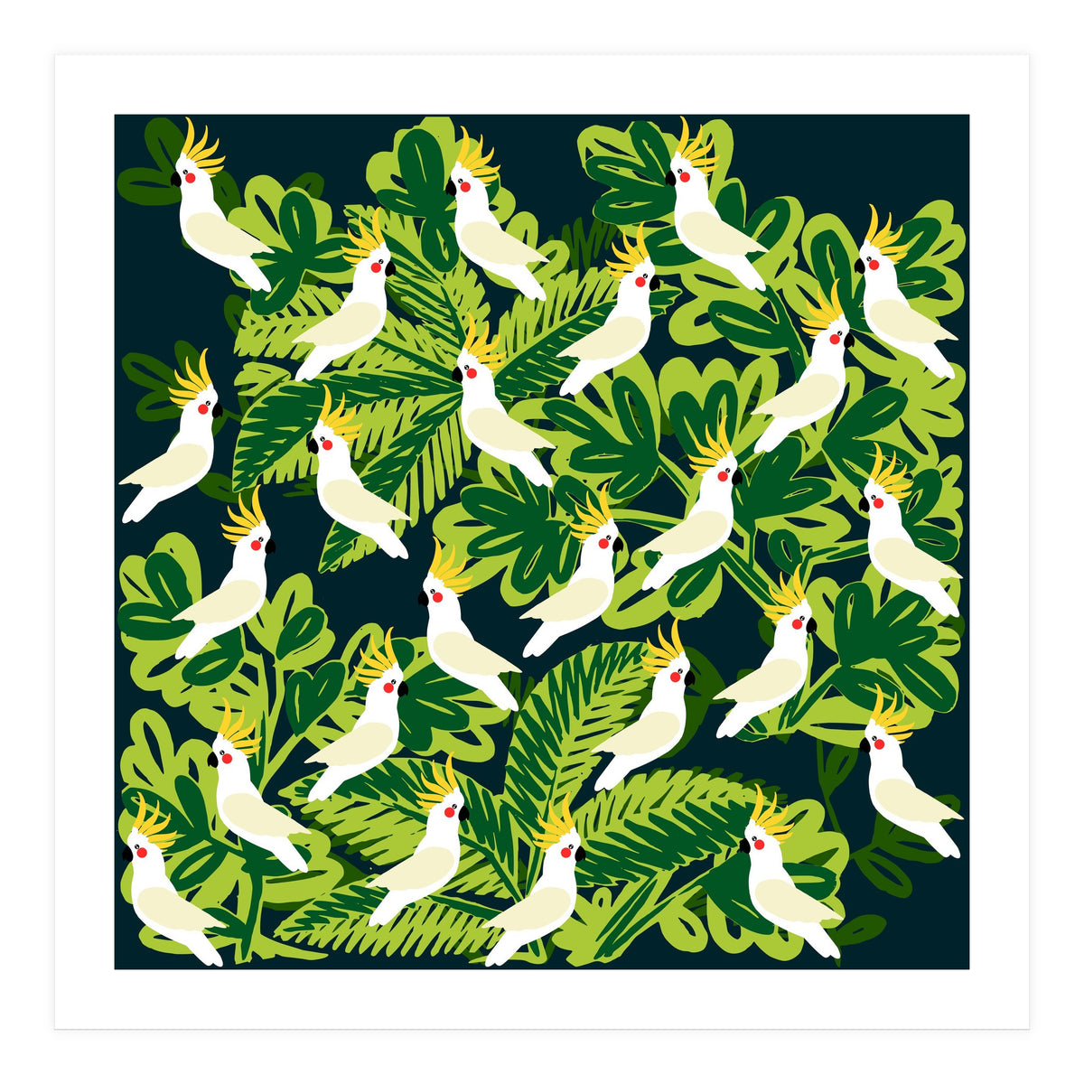 Cute cockatoo and tropical leaves (Print Only)