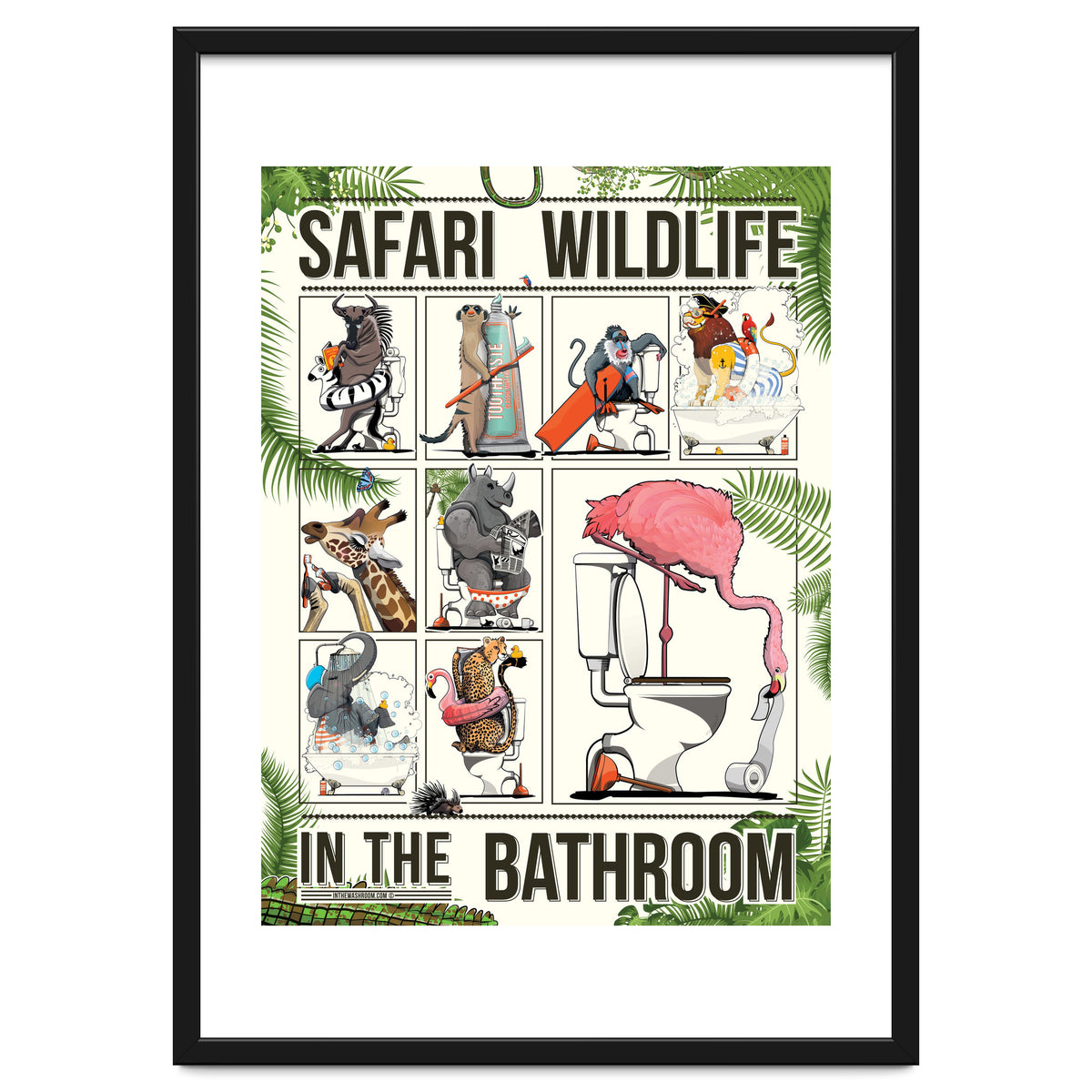 Safari wildlife animals in the bathroom, funny toilet humour.
