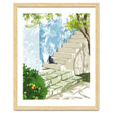 Black cat on the steps Poster, Greece Santorini summer travel pet painting thumbnail