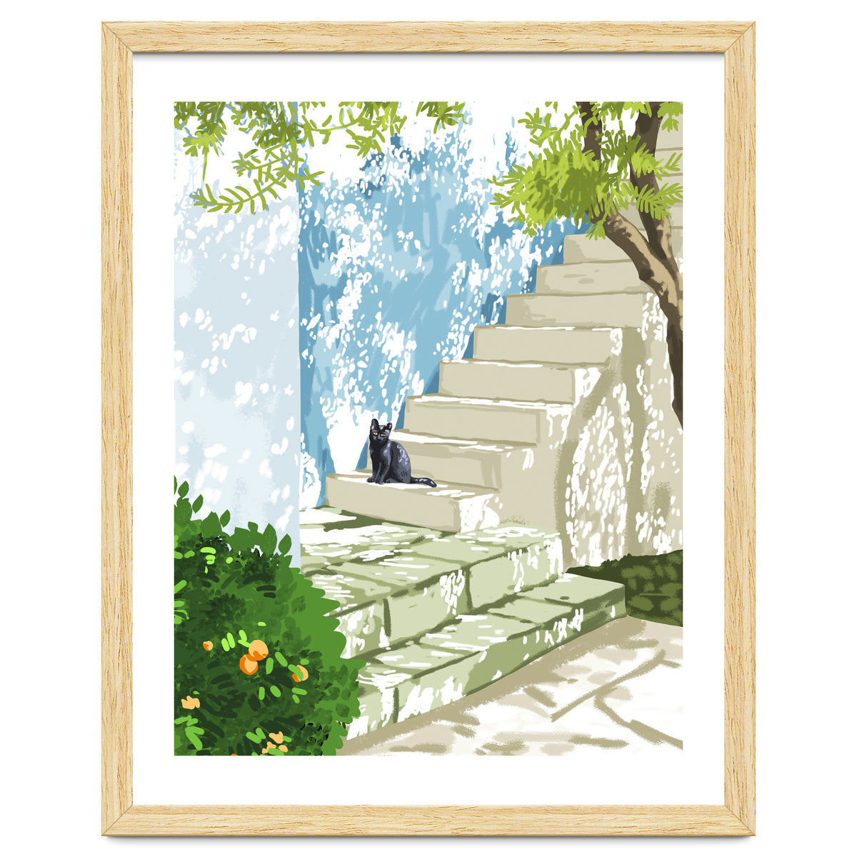 Black cat on the steps Poster, Greece Santorini summer travel pet painting