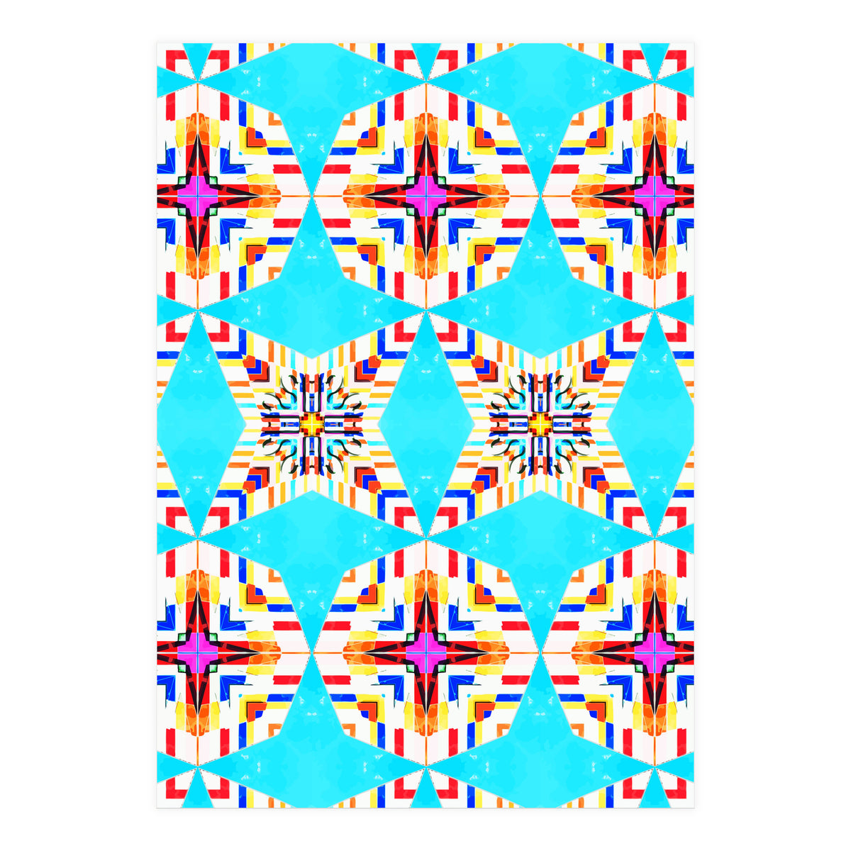 Exotic Tiles, Moroccan Teal Kaleidoscope Pattern, Turkish Bohemian Colorful Culture Eclectic Graphic (Print Only)