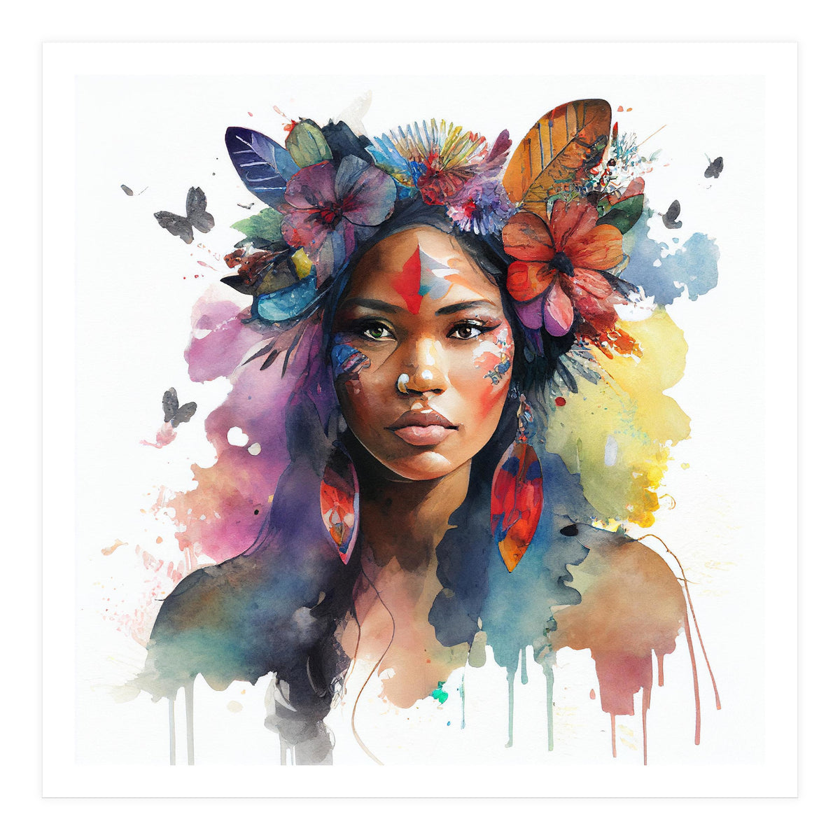 Watercolor Floral Indian Native Woman #1 (Print Only)