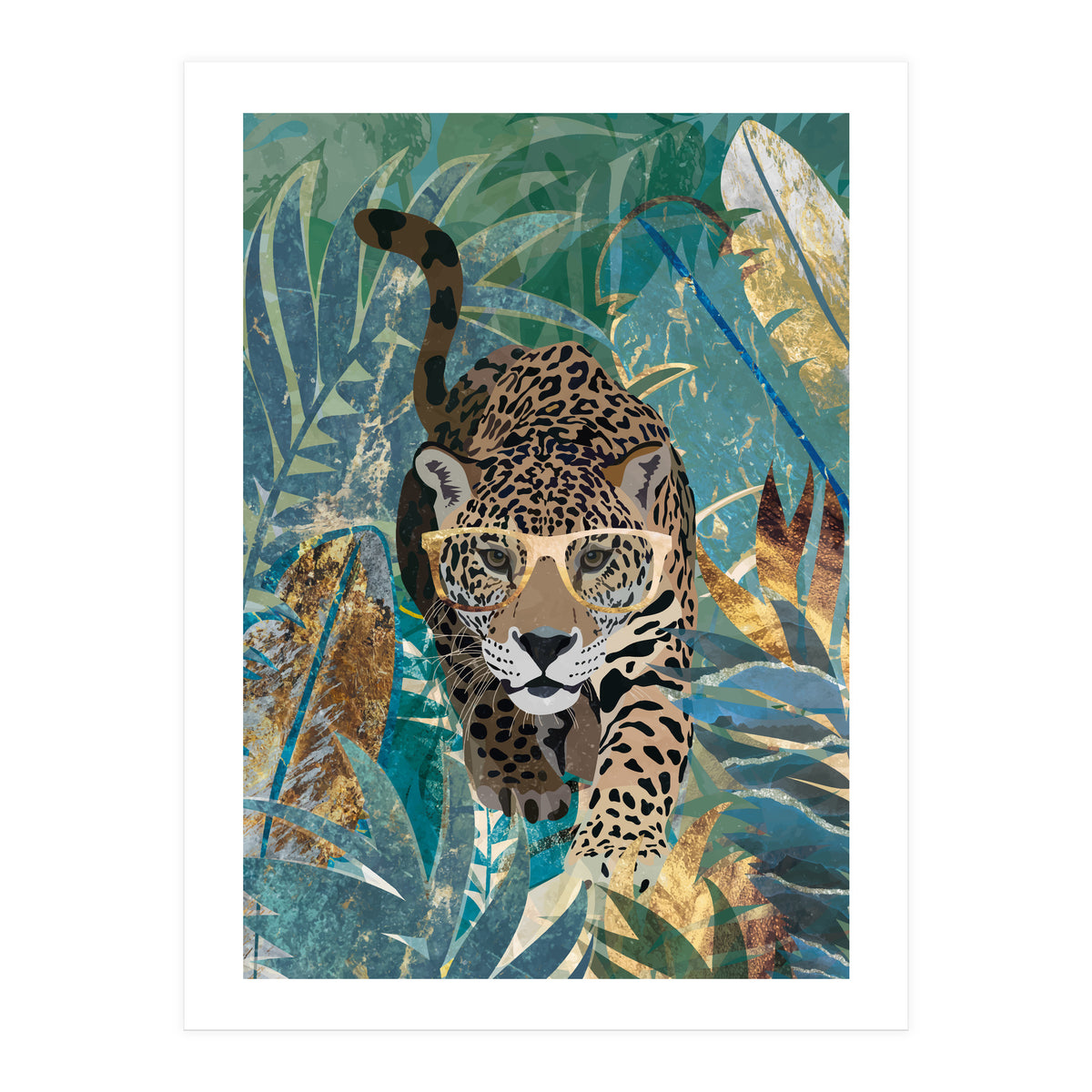 Jaguar in the gold and green tropical jungle (Print Only)