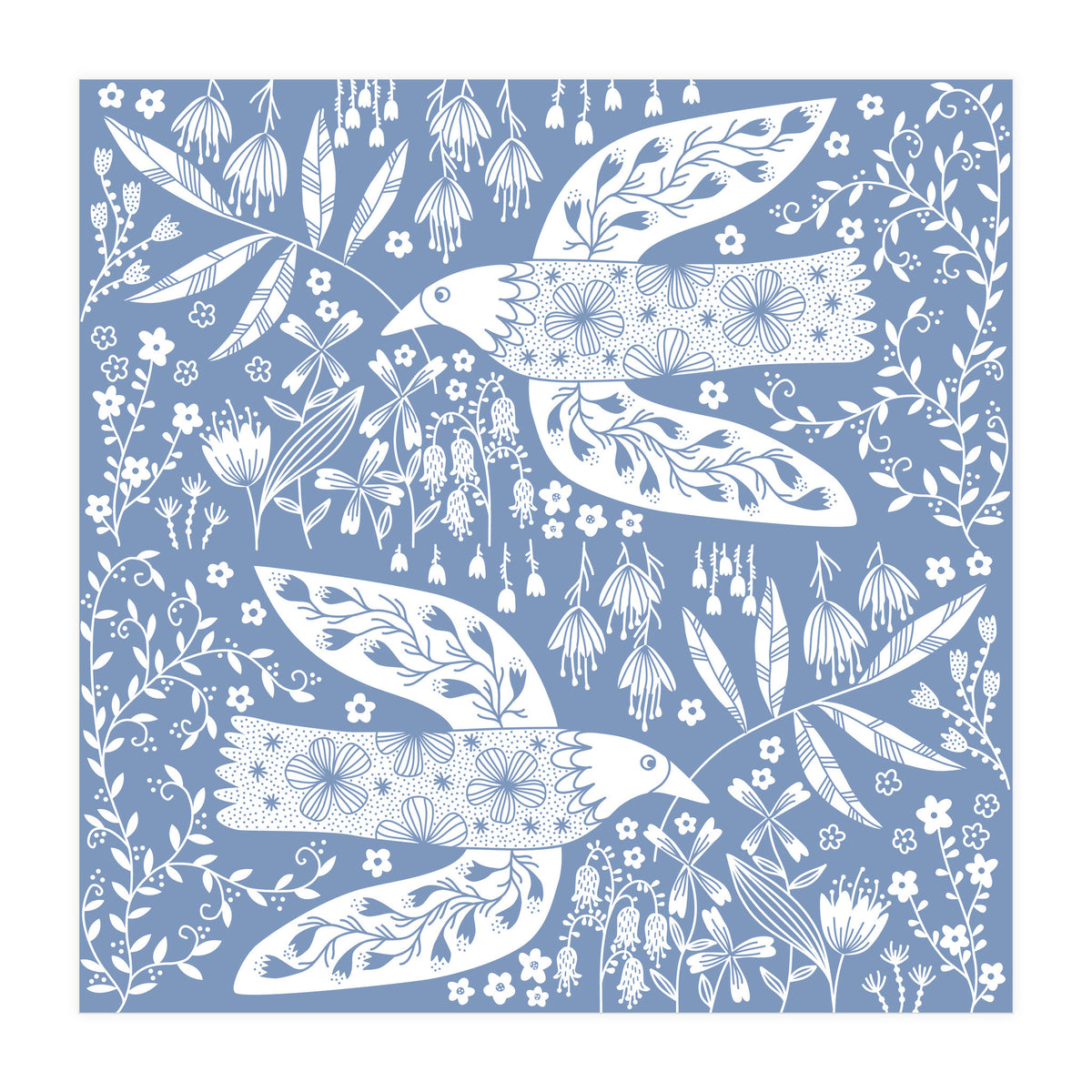 Doves And Flowers White On Blue (Print Only)