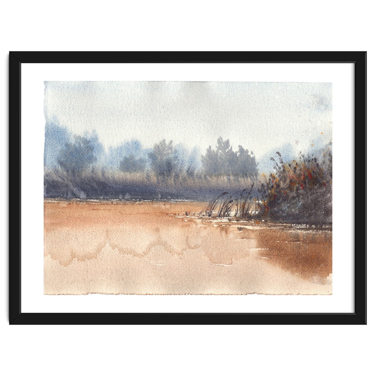 Landscape painting watercolor. Foggy