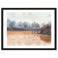 Landscape painting watercolor. Foggy