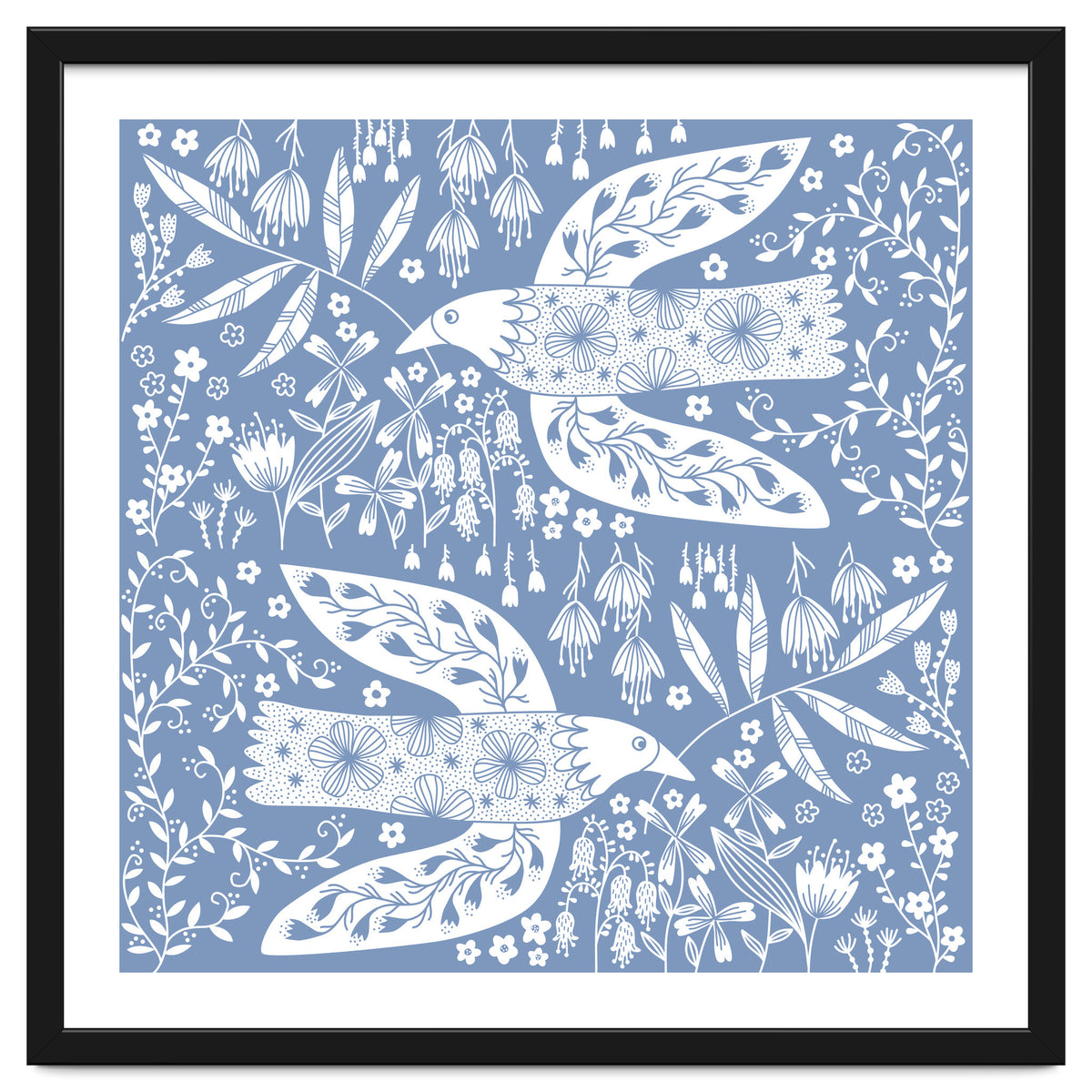 Doves And Flowers White On Blue
