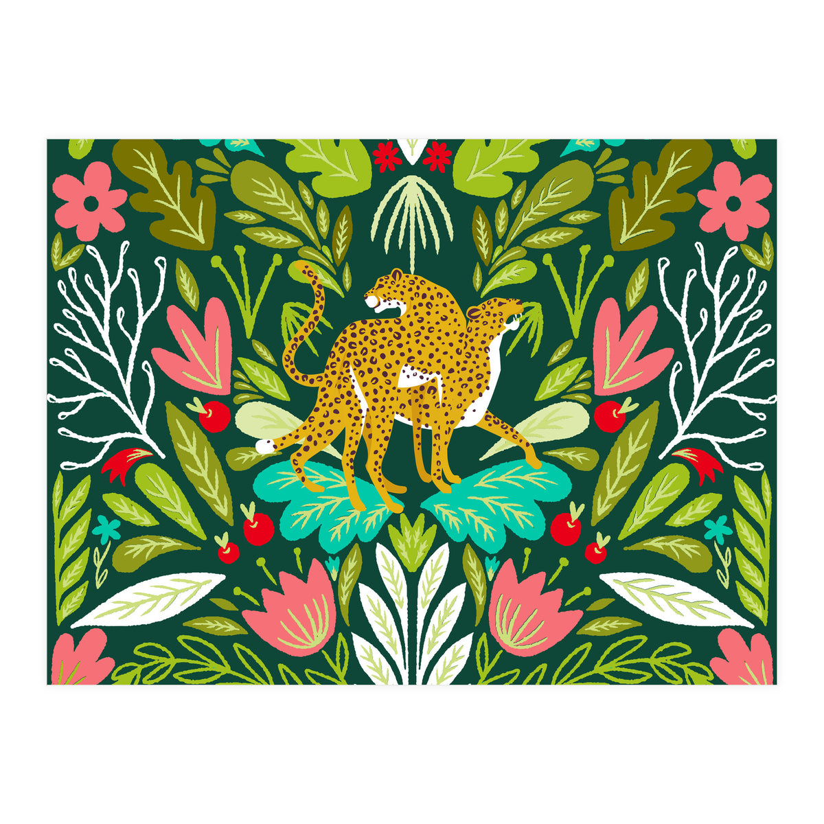 Cheetah Couple Illustration, Wild Cat Jungle Nature, Mandala Painting, Wildlife Tropical Tiger	 (Print Only)