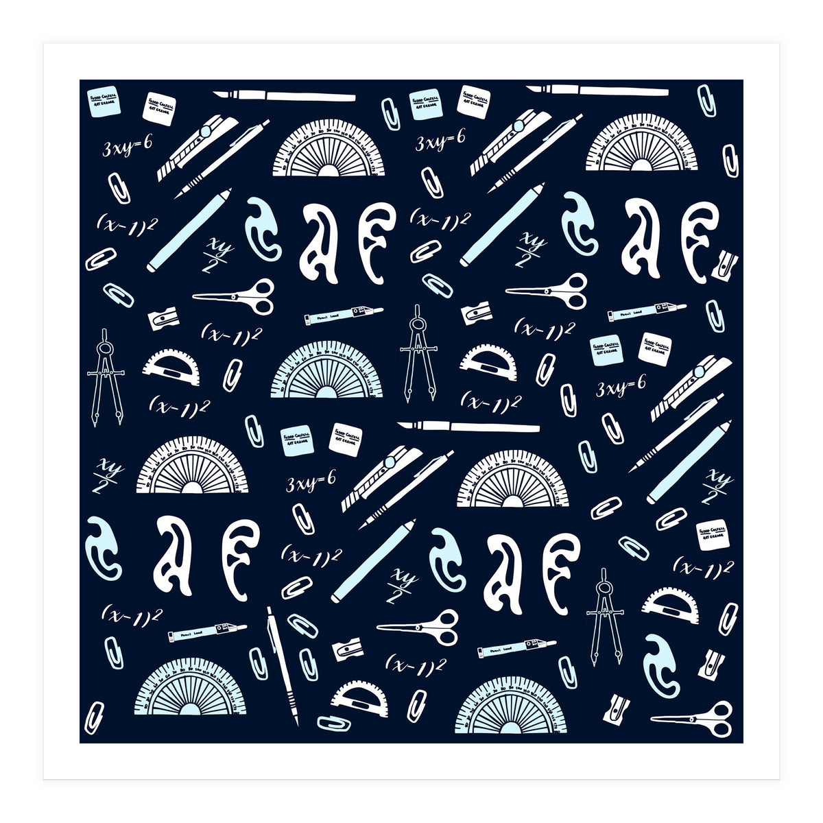 Mathematics and Geometry Pattern with protractors, mechanical pencils and erasers (Print Only)