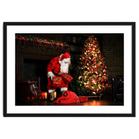 Santa Claus put his Christmas gift under the Xmas tree at midnight