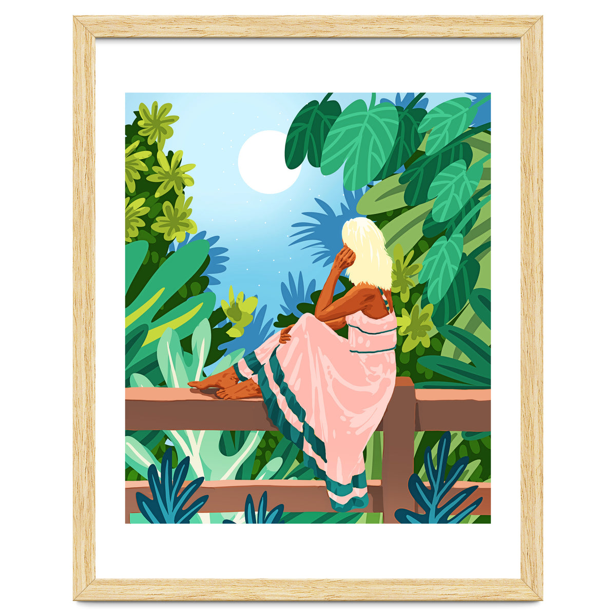 Forest Moon, Bohemian Woman Jungle Nature Tropical Colorful Travel Fashion Illustration