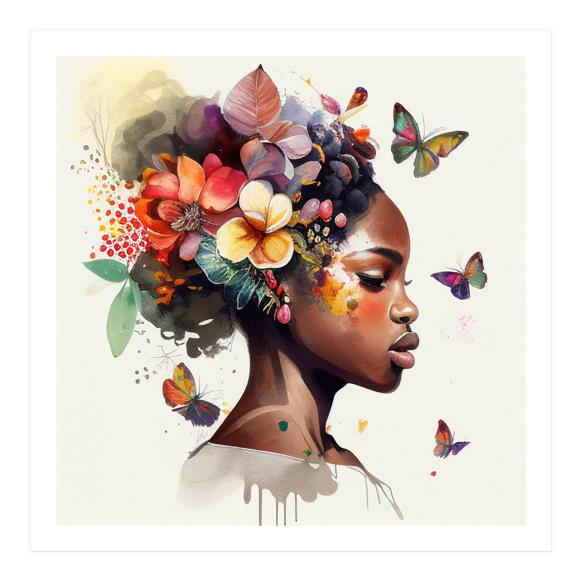 Watercolor Butterfly African Woman #6 (Print Only)
