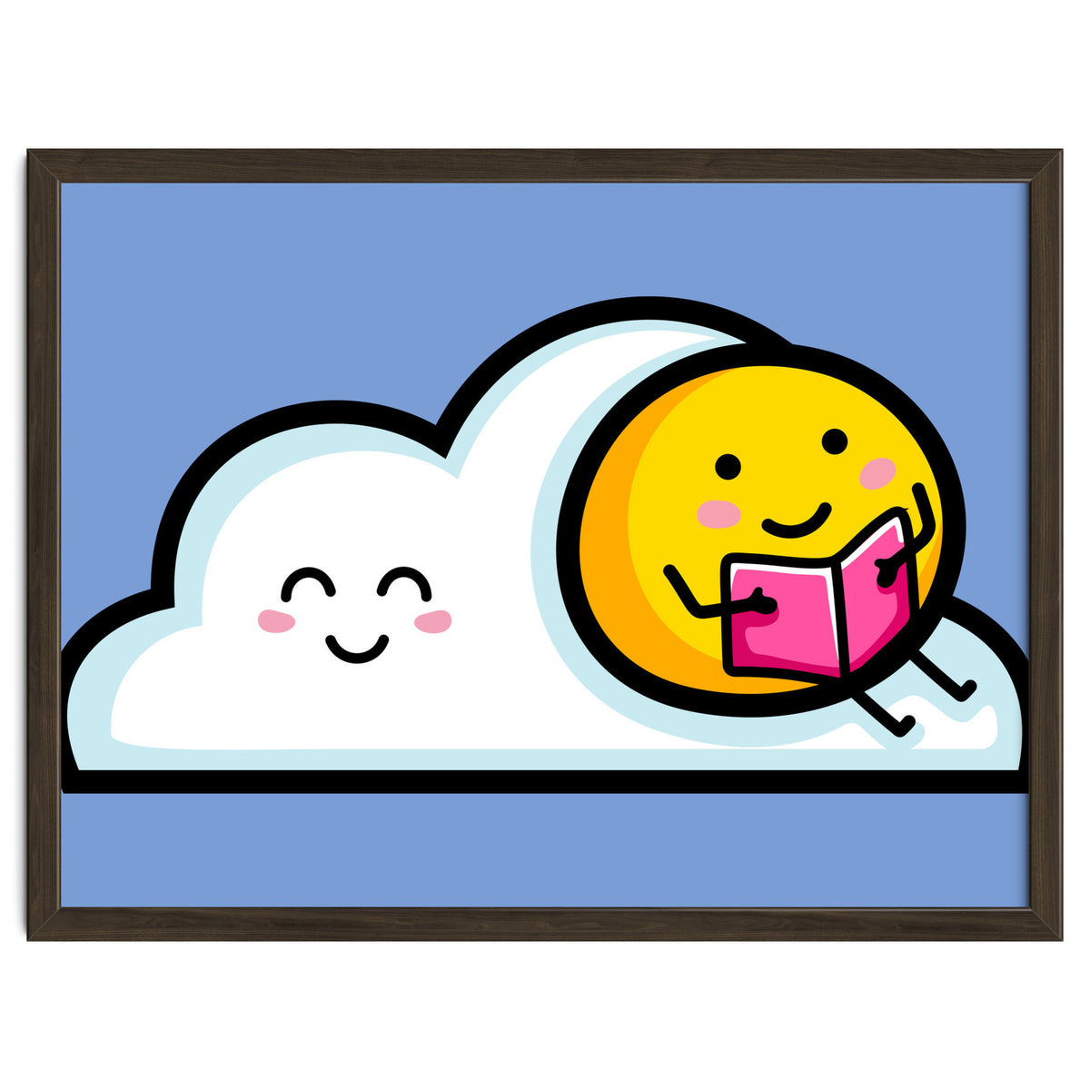 Kawaii Cute Sun Reading A Book On A Cloud