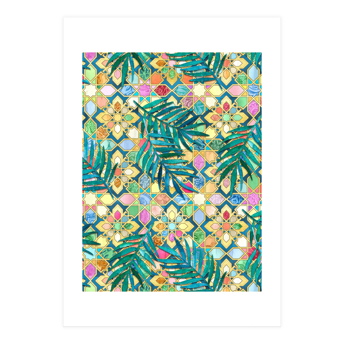 Gilded Moroccan Mosaic Tiles with Palm Leaves  (Print Only)