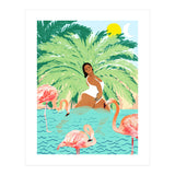 Tropical Summer Water Yoga with Palm & Flamingos | Woman of Color Black Woman Body Positivity (Print Only) thumbnail