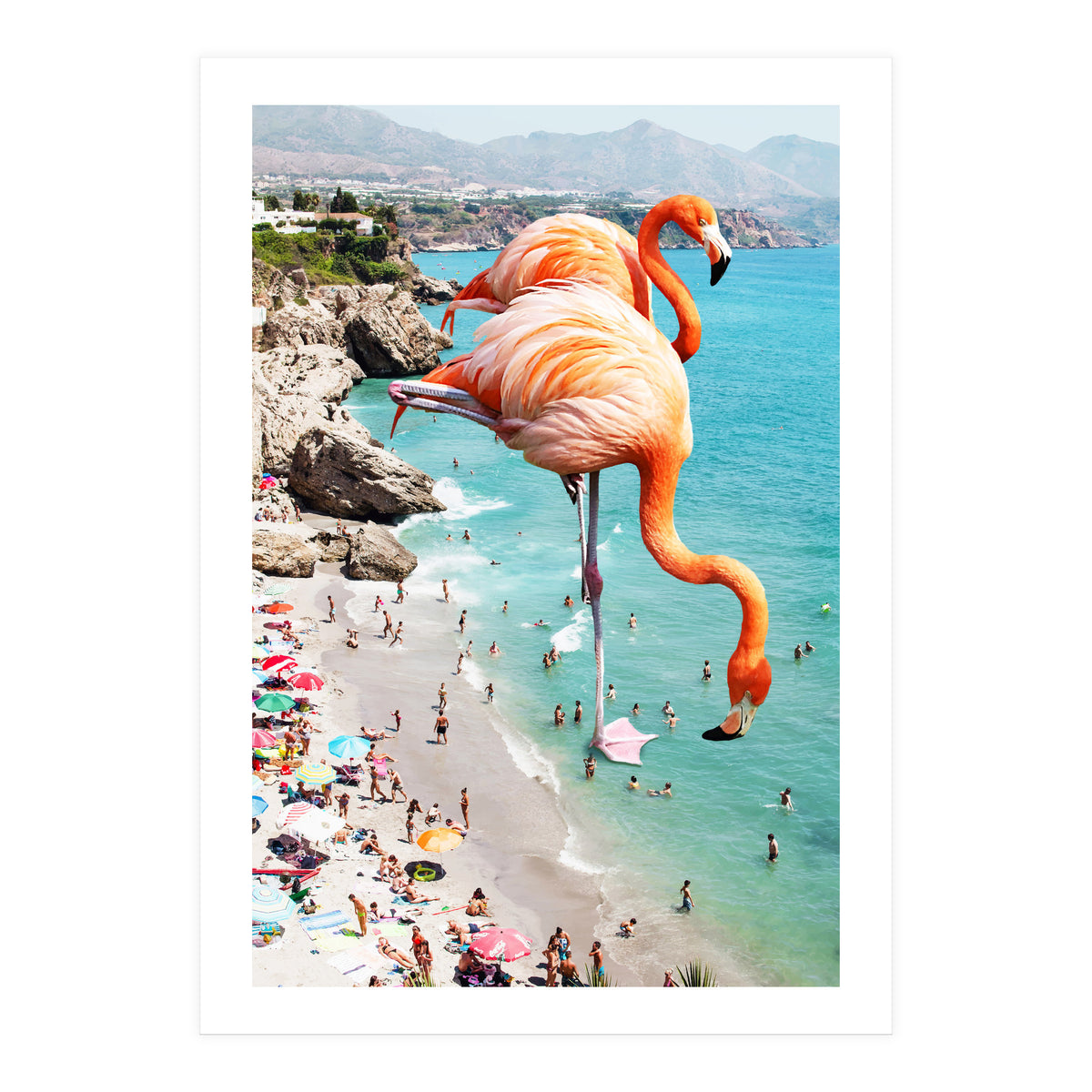Flamingos on the Beach, Wildlife Surrealism Birds, Nature Flamingo Fantasy Beach Summer Photography (Print Only)