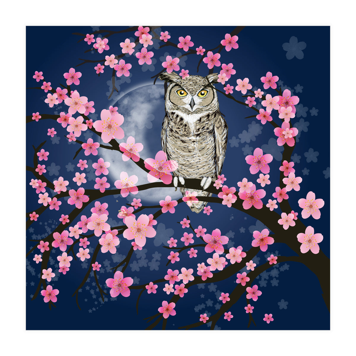 Great horned owl in a blossom tree (Print Only)