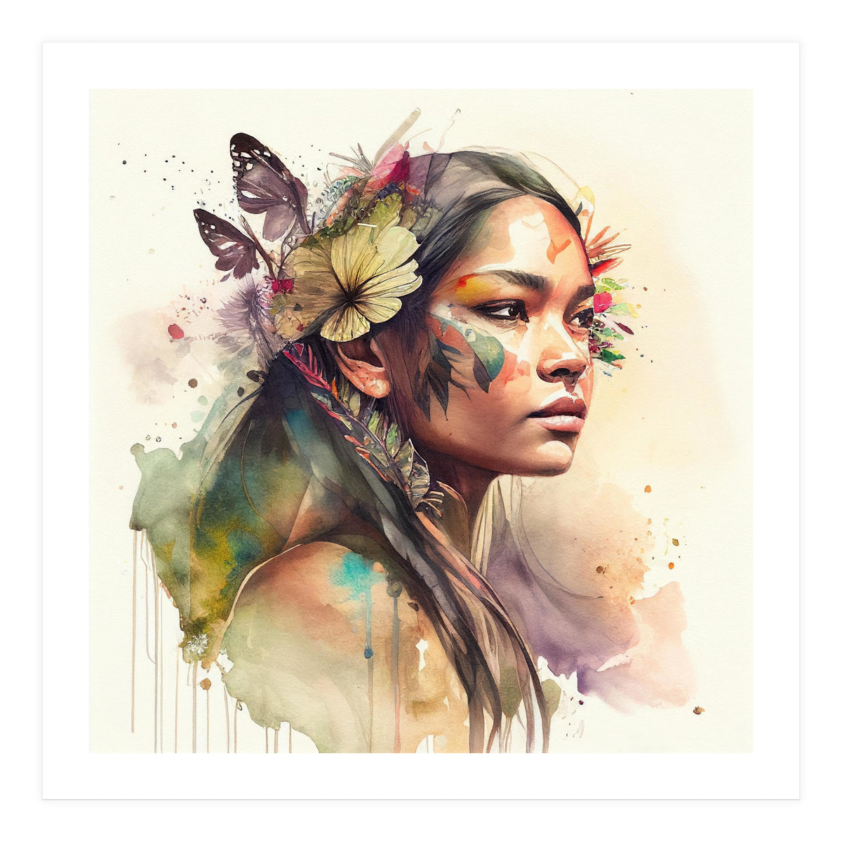 Watercolor Floral Indian Native Woman #2 (Print Only)