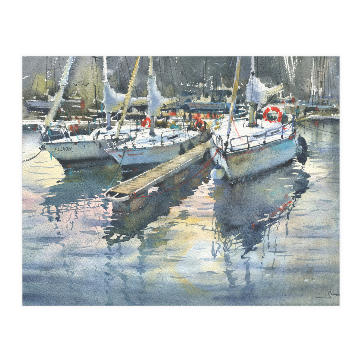 Yachts in the port. Watercolor painting (Print Only)