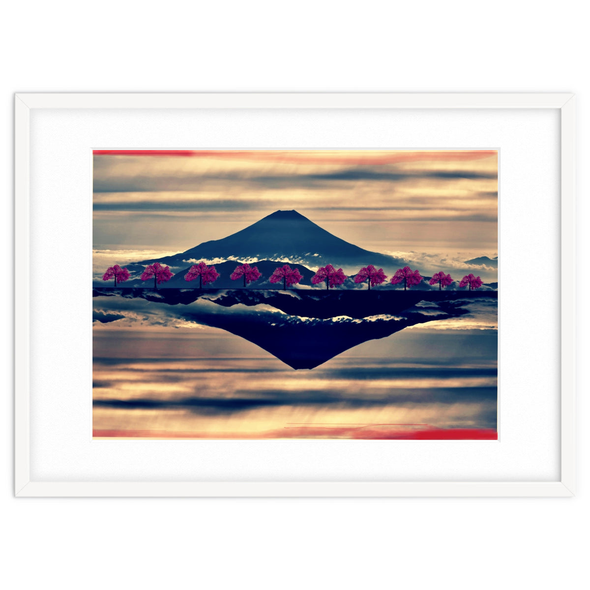 Reflection on Mount Fuji with cherry trees.