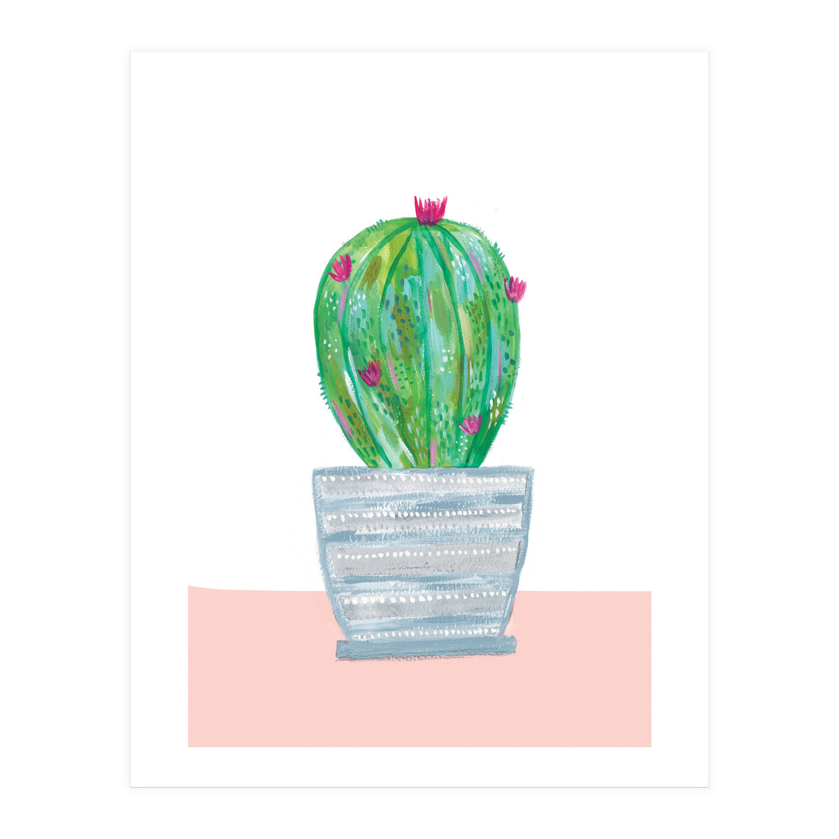 Painted Cactus In Blue Stripe Plant Pot (Print Only)