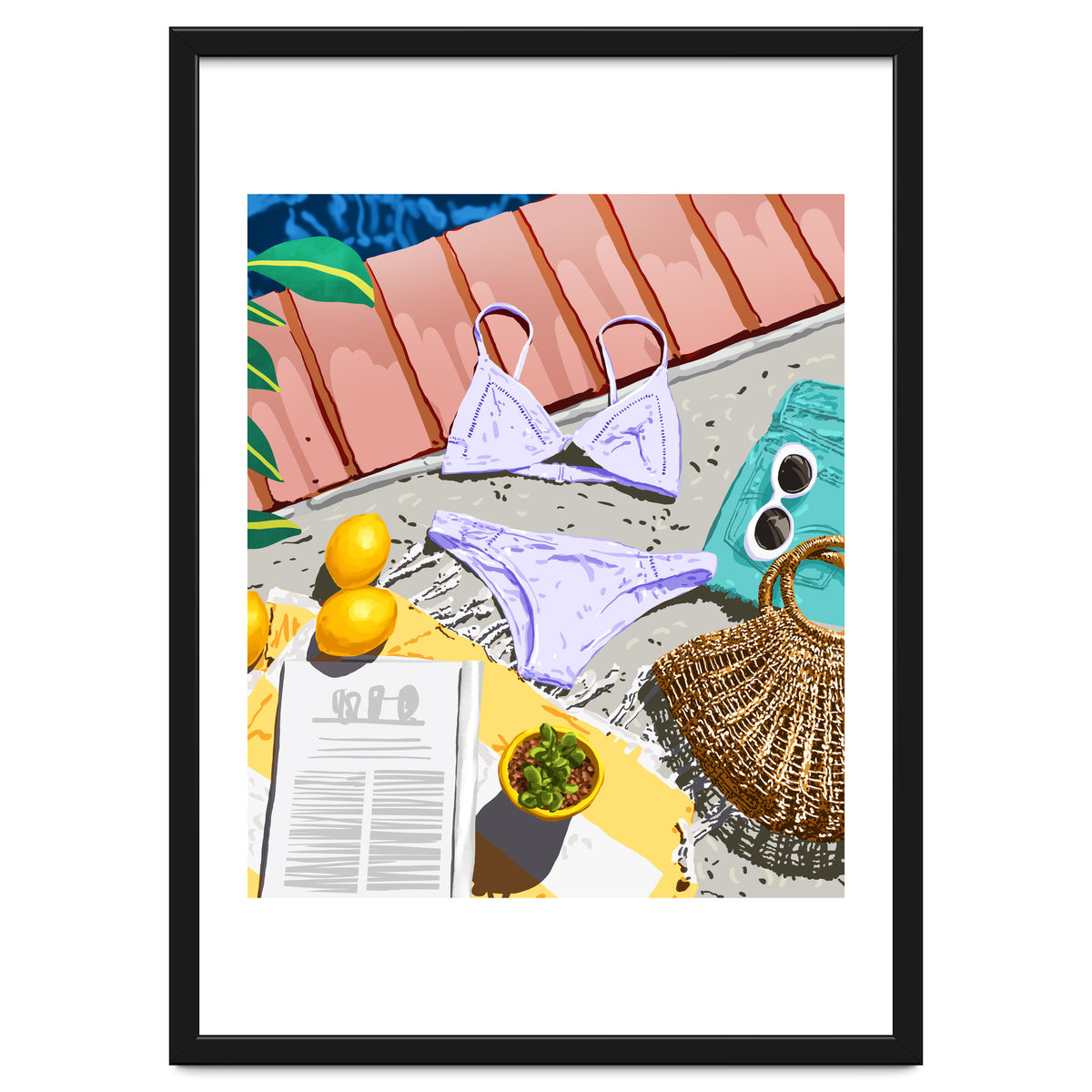 Summer on my mind, Tropical Travel Swimming Pool Fashion Illustration, Eclectic Beachy Summer Bikini