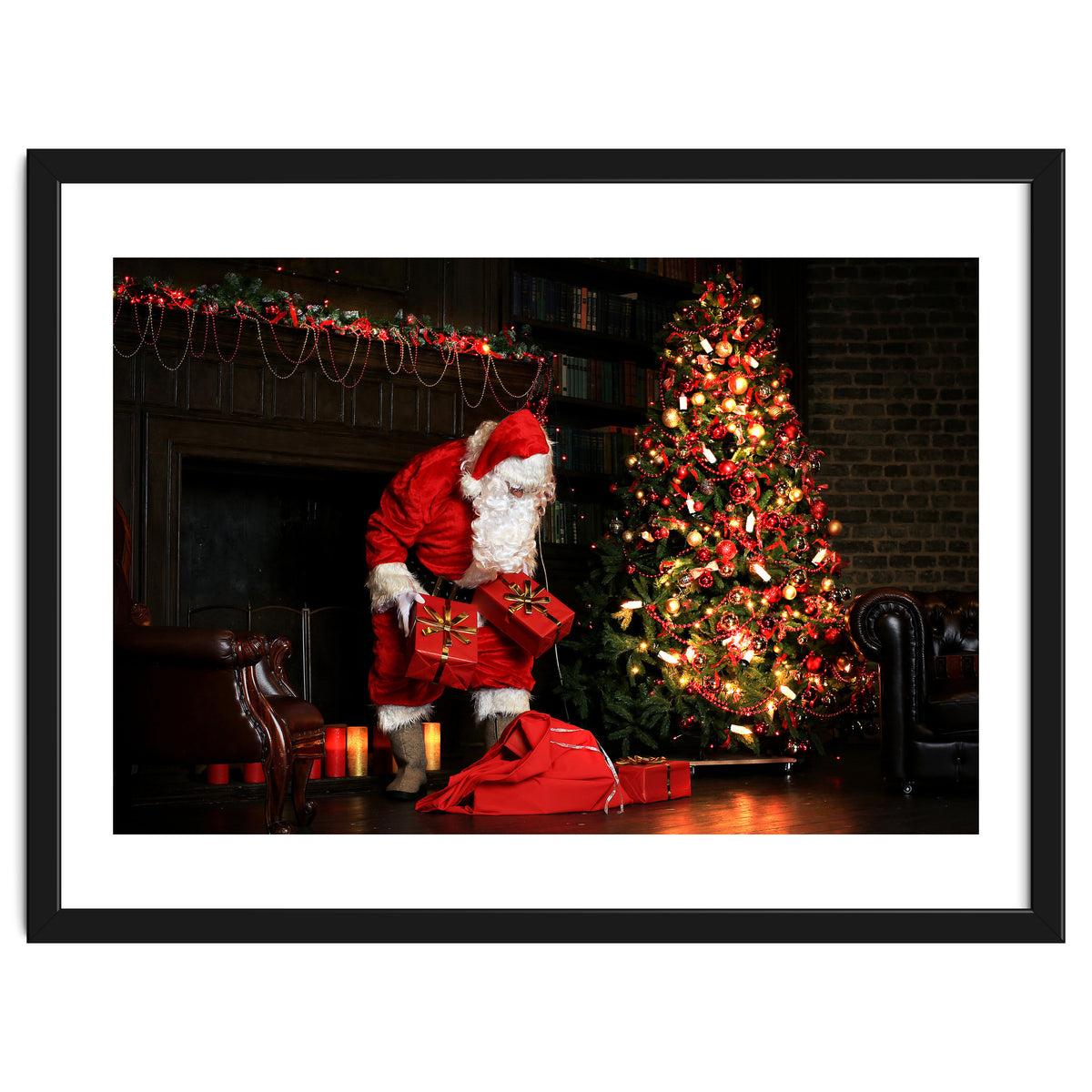 Santa Claus put his Christmas gift under the Xmas tree at midnight