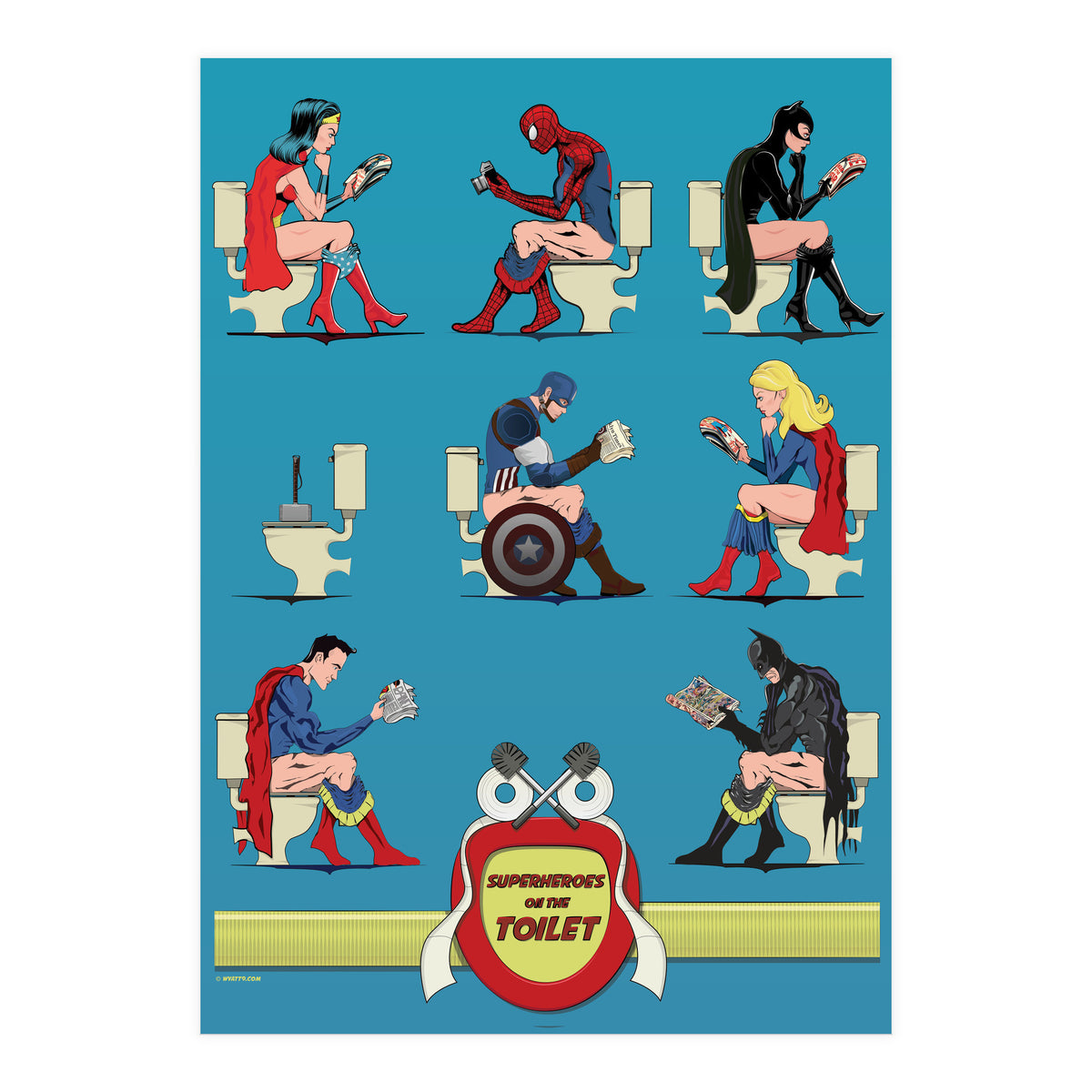 Superheroes on the Toilet, funny poo humour (Print Only)