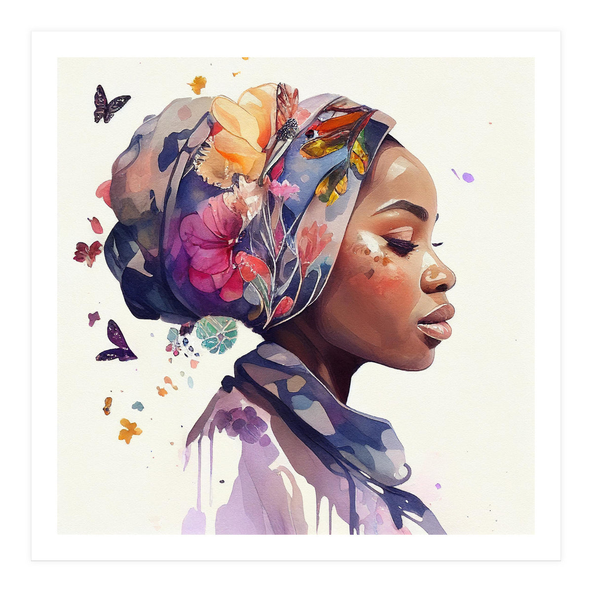 Watercolor Floral Muslim African Woman #1 (Print Only)