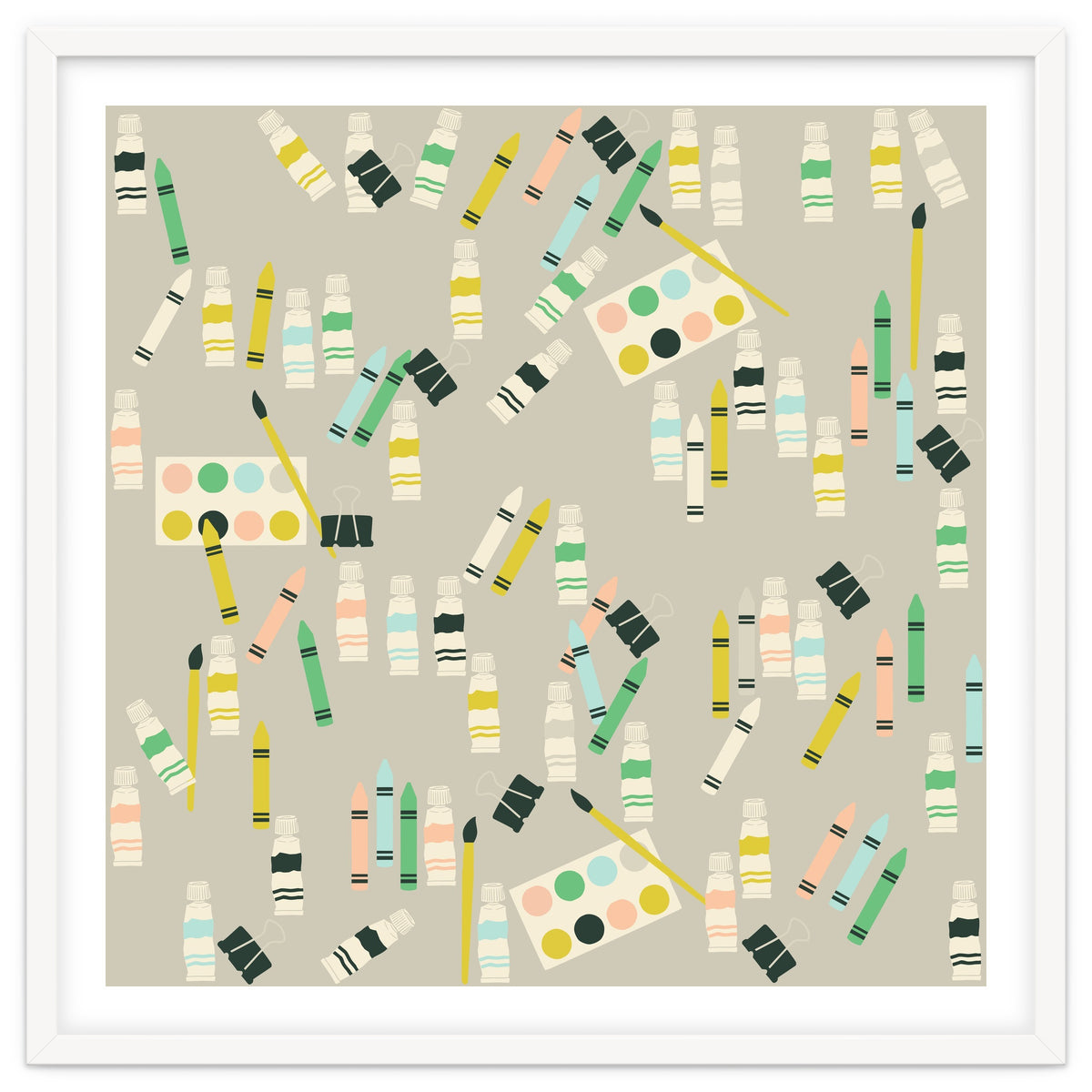 Artist pattern with crayons, watercolors and acrylic paint