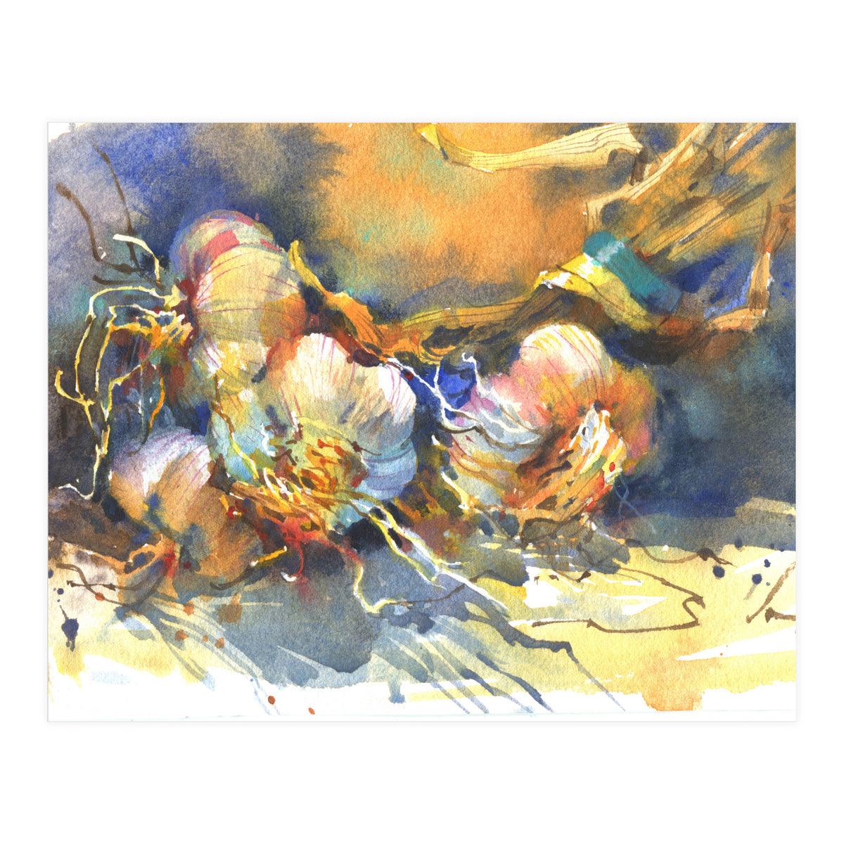 Garlic still life watercolor painting for kitchen  (Print Only)