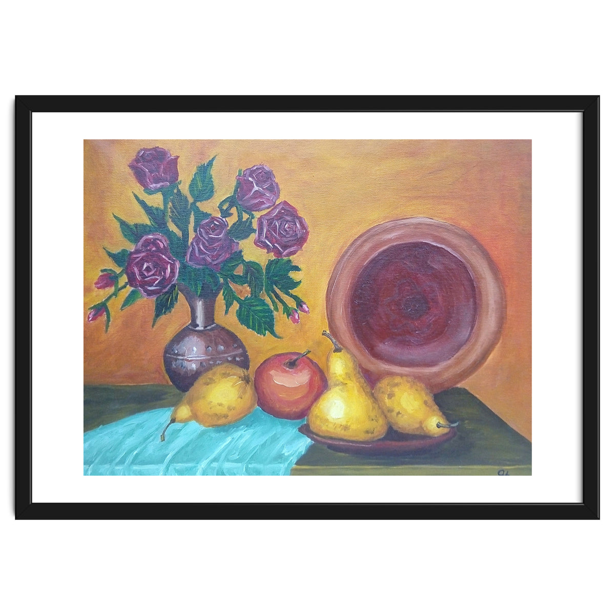 Still life with pears, roses and a dish.