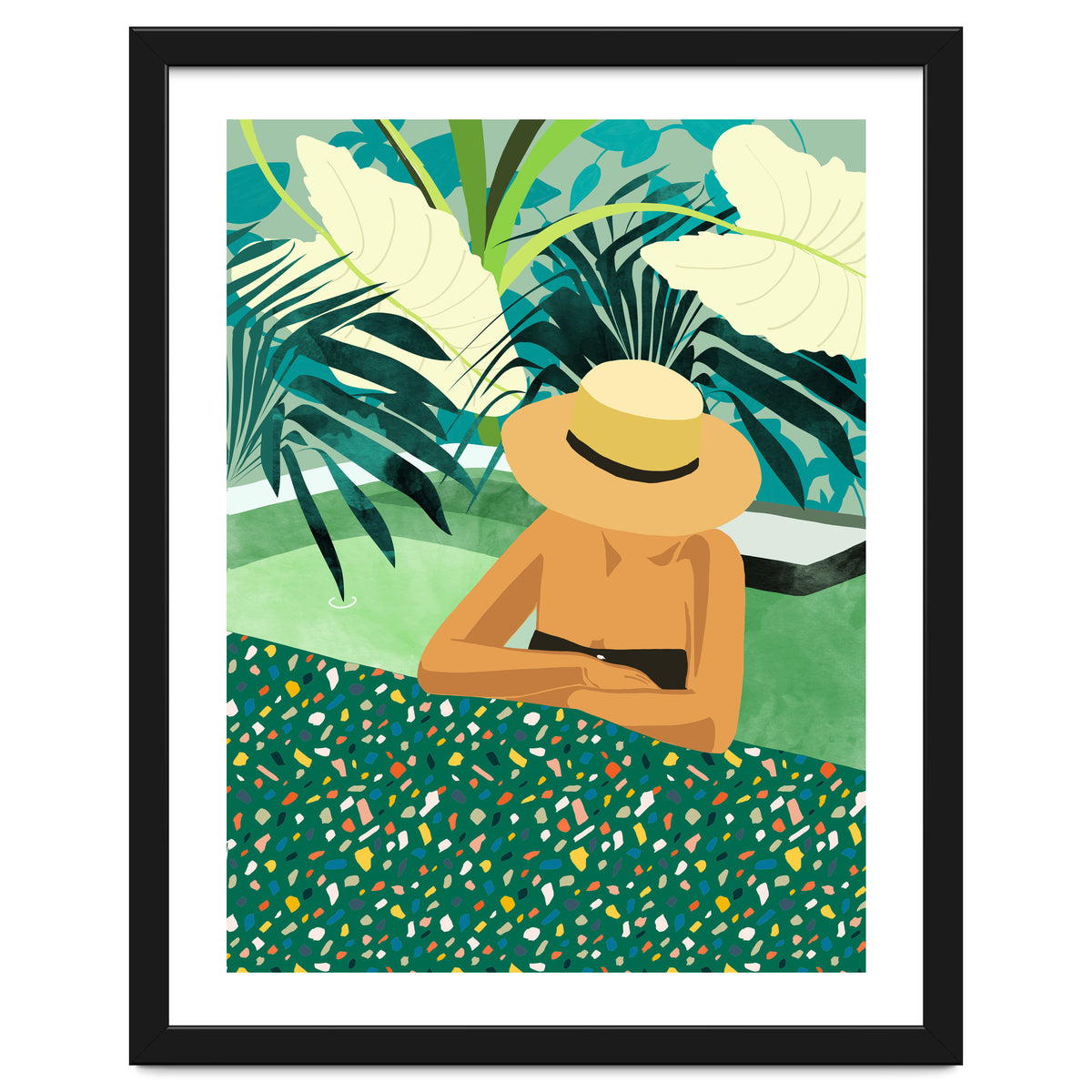 Chill, Modern Bohemian Black Woman Travel Illustration | Terrazzo Tropical Swimming Pool Fashion