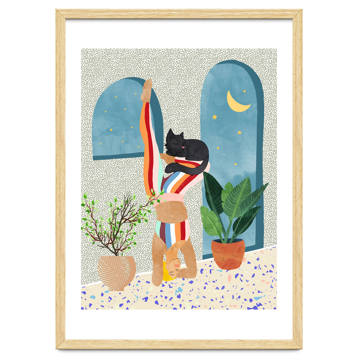 Headstand, Cat Yoga, Active Woman Workout, Eclectic Colorful Pets Terrazzo