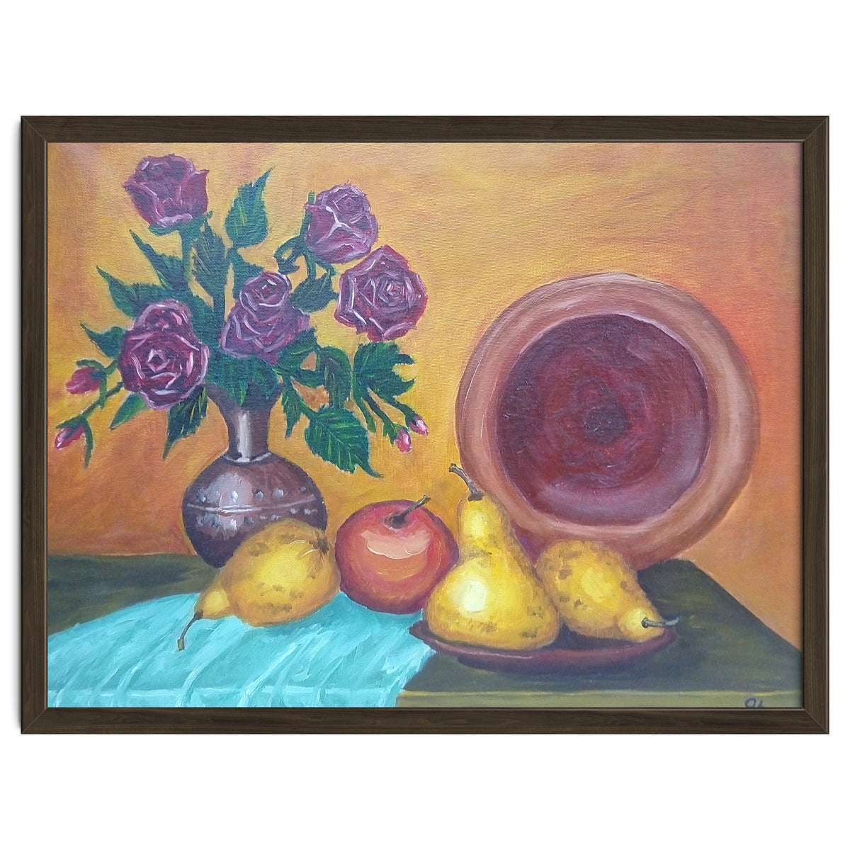 Still life with pears, roses and a dish.