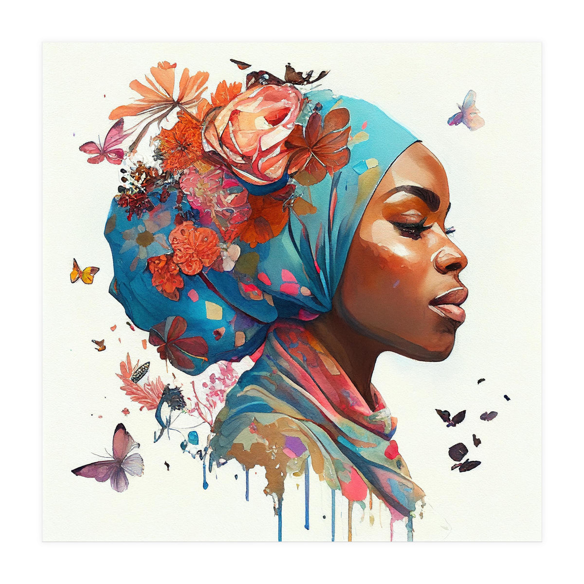 Watercolor Floral Muslim African Woman #2 (Print Only)