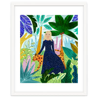 African Safari, Colorful Tropical Jungle Travel, Botanical Watercolor, Blonde Woman with a Leopard