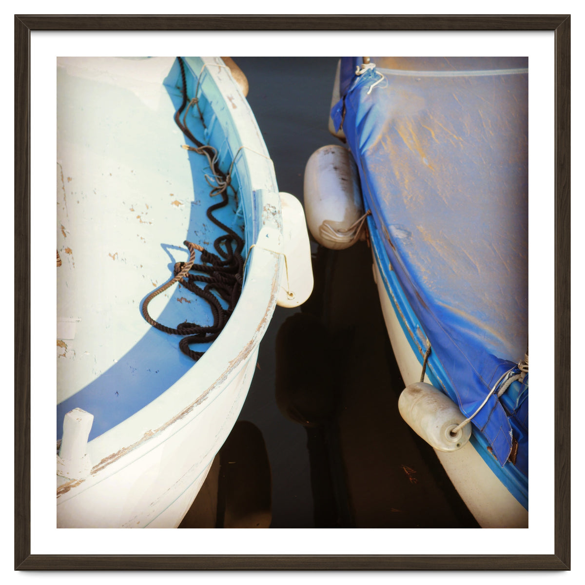 Blue and white wooden fishing boats