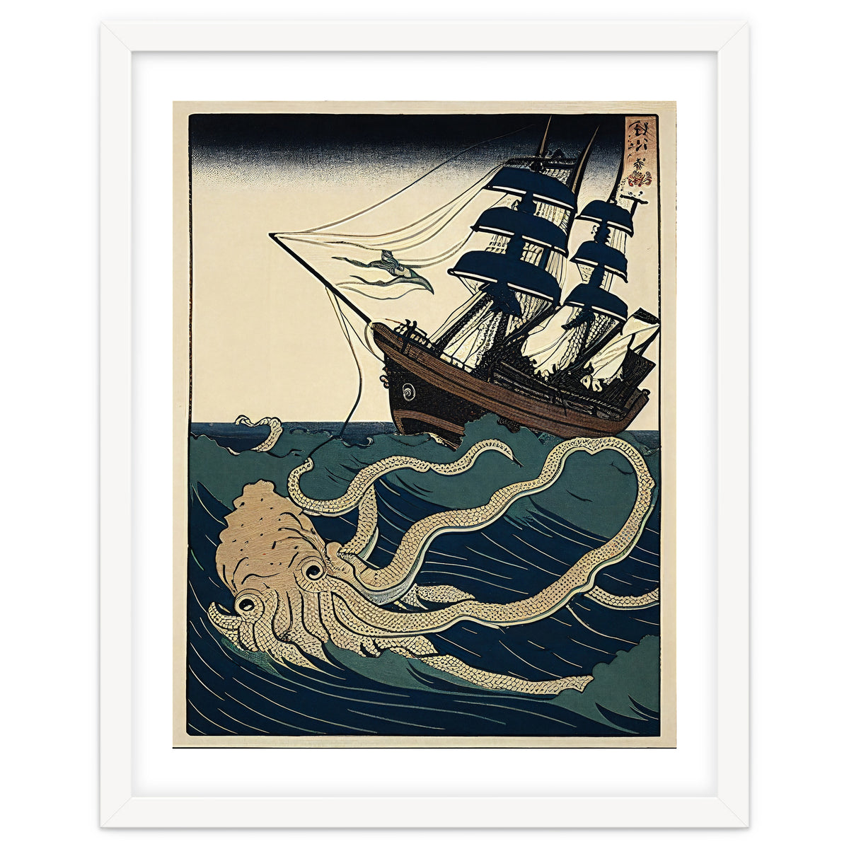 Giant Squid Attacking Ship Japanese Woodblock Print