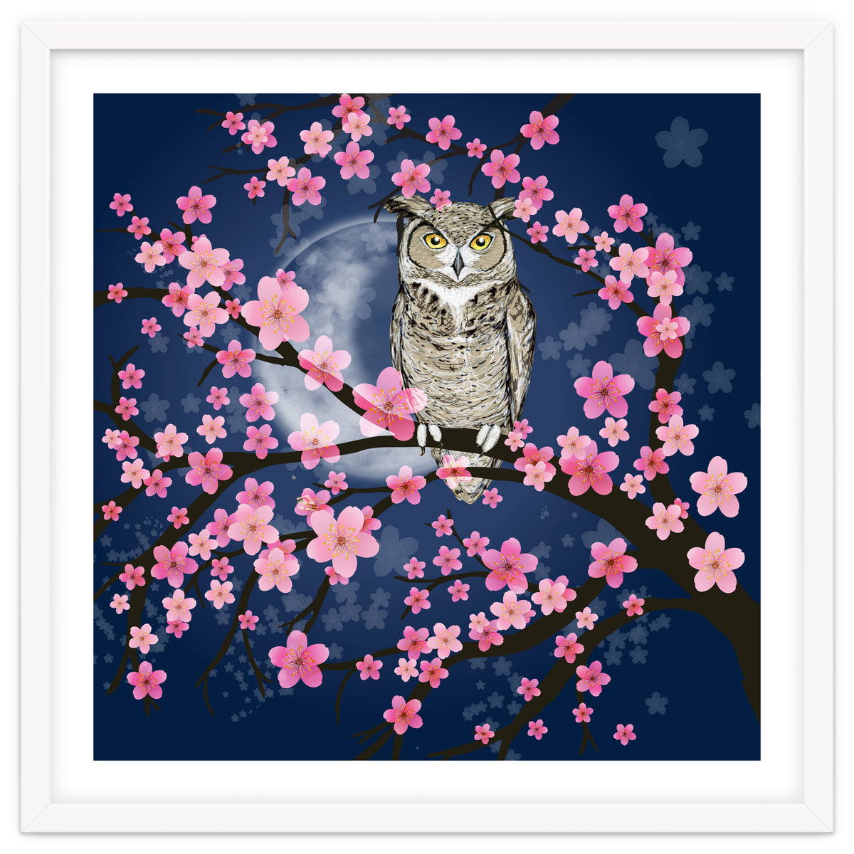 Great horned owl in a blossom tree