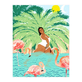 Tropical Summer Water Yoga with Palm & Flamingos | Woman of Color Black Woman Body Positivity (Print Only) thumbnail