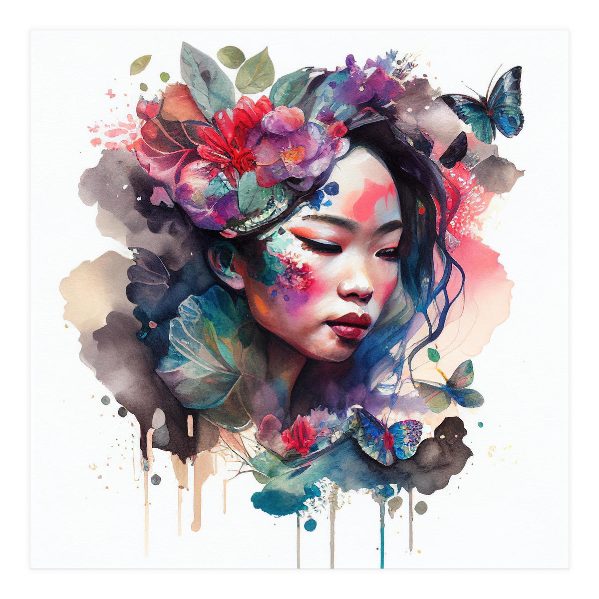 Watercolor Floral Asian Woman #10 (Print Only)