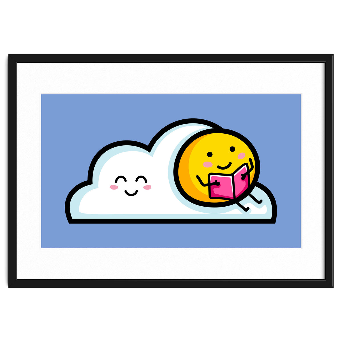 Kawaii Cute Sun Reading A Book On A Cloud